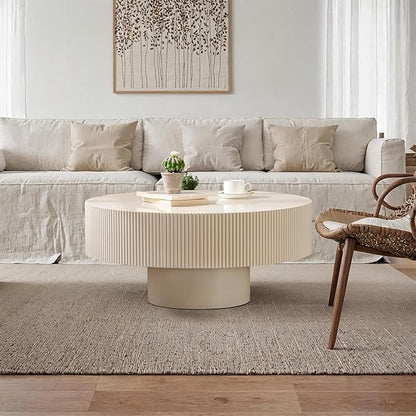 Handmade Round Fluted Drum-Shaped Coffee Table、Rustic Modern Circular Centerpiece for Living Room & Farmhouse Decor、Easy to Clean (A Off White 30.9 in)