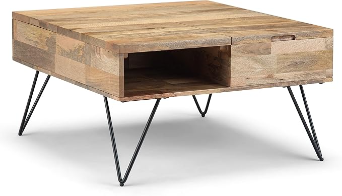 SIMPLIHOME Hunter Lift Top Coffee Table - 32 inch Wide Solid Mango Wood and Metal Industrial Square Cocktail Table in Natural, Living Room Table with Dual Lift Tops, Hidden Storage and Hairpin Legs
