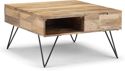 SIMPLIHOME Hunter Lift Top Coffee Table - 32 inch Wide Solid Mango Wood and Metal Industrial Square Cocktail Table in Natural, Living Room Table with Dual Lift Tops, Hidden Storage and Hairpin Legs
