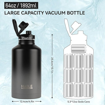 HASLE OUTFITTERS Half Gallon Insulated Water Bottles 64 oz, Stainless Steel Metal Water Jug with 2 Lids Keep Cold 48h/Hot 24h, Leak Proof & BPA-Free Water Flask Jug(Black Gray Gradient,1)