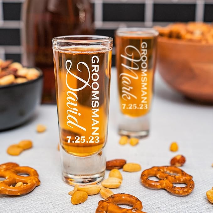Custom Engraved 2 oz Shot Glass – Personalized Etching – Groomsman & Bridesmaid Gift – Wedding Favor Set of 4