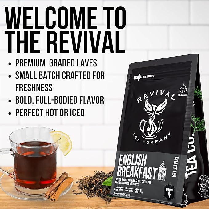 Revival Tea Company English Breakfast Tea - Traditional Black Tea Blend made of Assam, Ceylon, Kenyan, and Keemun - 24 Tea Bags