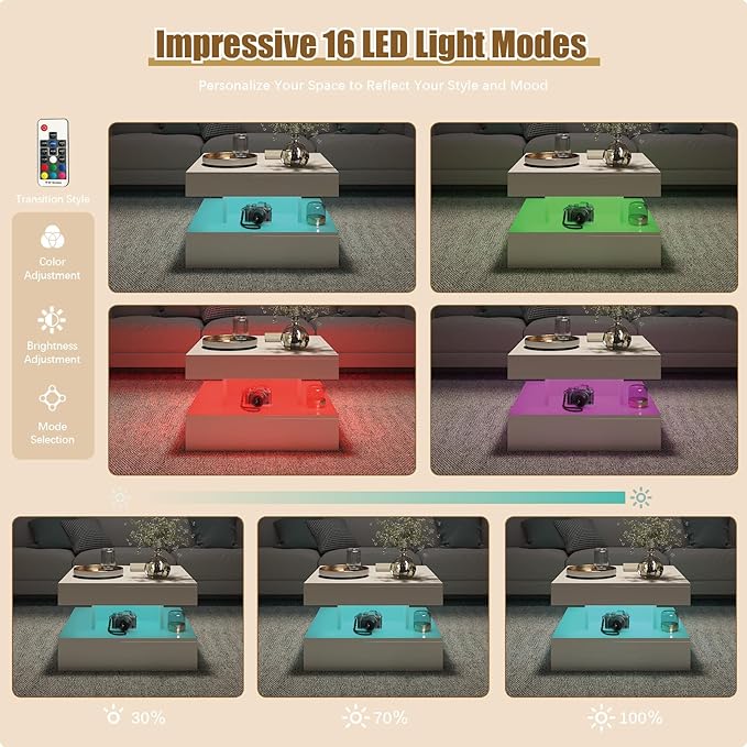 Small White Led Coffee Table for Living Room, 23.6" Wood Square 2-Tier Storage Modern Center Table, Modern High Glossy Wooden Coffee Tables for Small Space