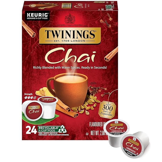 Twinings Chai Black Tea K-Cup Pods for Keurig, 24 Count (Pack of 1), Naturally Sweet and Savoury Spice Flavours, Caffeinated, Enjoy Hot or Iced