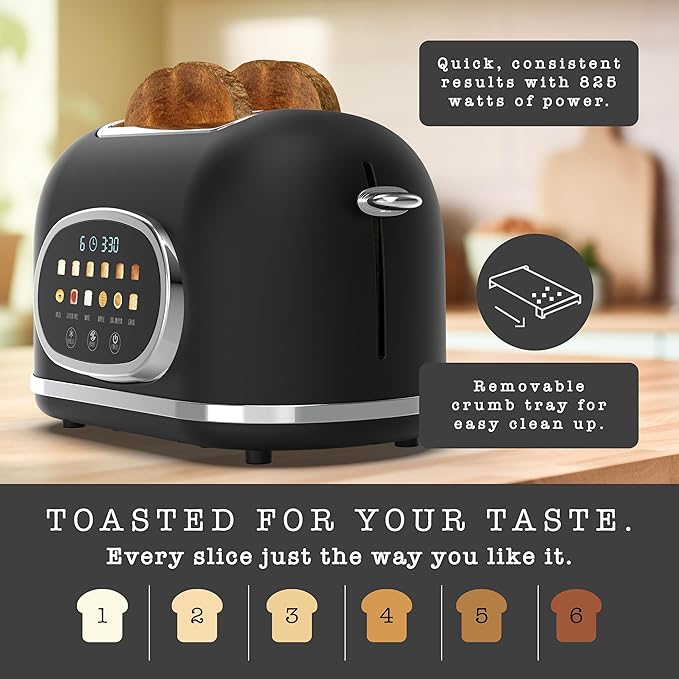 Rae Dunn Retro Digital Electric Toaster, 2 Slice Stainless Steel Toaster With Touchscreen, Countdown Timer, 6 Shade Settings, Wide Slots, High Lift Lever, Bagel, Defrost & Reheat, Black New