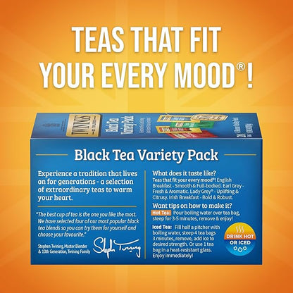 Twinings Variety Pack Black Tea Bags, 20 Count (Pack of 6), Includes English Breakfast, Early Grey, Irish Breakfast, and Lady Grey, Caffeinated, Enjoy Hot or Iced, 120 Teabags
