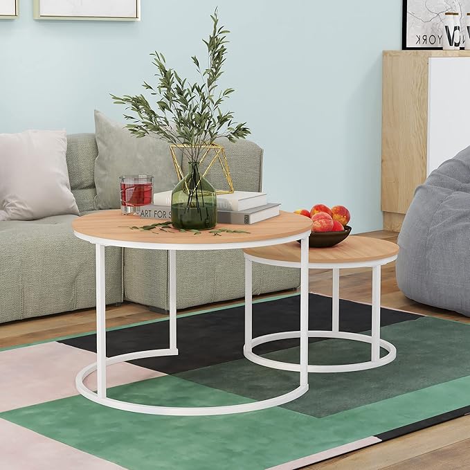 Round Coffee Table Set of 2 End Table for Living Room,Stacking Side Tables,Sturdy& Easy Assembly,Wood Look Accent Furniture with Metal Frame,Industrial/Modern Coffee Table White+Teak OAKDK