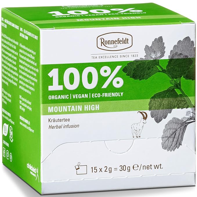 Ronnefeldt 100% Mountain High – German Herbal Tea with Lemon Balm, Peppermint, Sage & Thyme – Loose Leaf in 15 Individually Wrapped Bags – Naturally Caffeine-Free & Vegan-Friendly