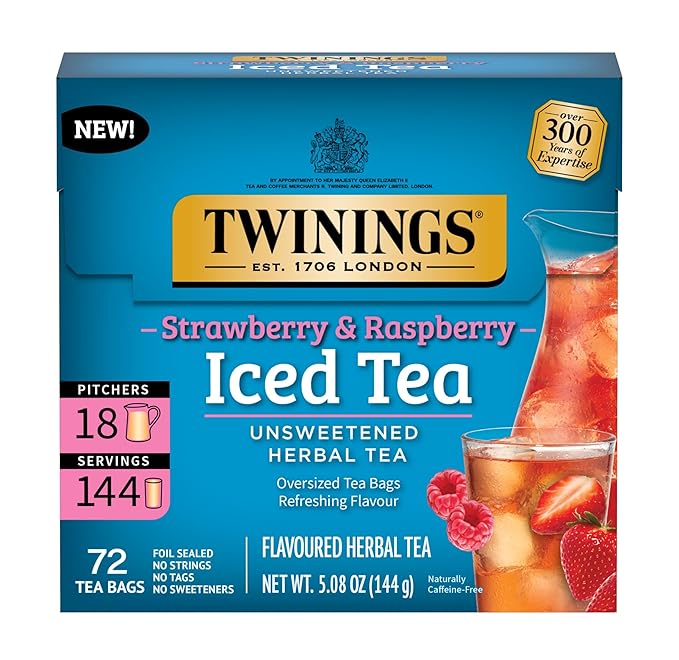 Twinings Strawberry & Raspberry Herbal Iced Tea, 72 Oversized Tea Bags, Makes 18 Pitchers or 144 Servings, Unsweetened, Naturally Caffeine-Free, 72 Count (Pack of 1)