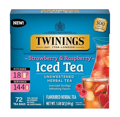 Twinings Strawberry & Raspberry Herbal Iced Tea, 72 Oversized Tea Bags, Makes 18 Pitchers or 144 Servings, Unsweetened, Naturally Caffeine-Free, 72 Count (Pack of 1)