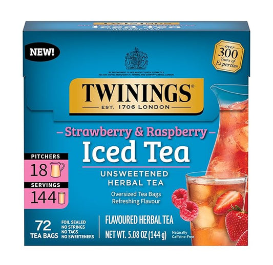 Twinings Strawberry & Raspberry Herbal Iced Tea, 72 Oversized Tea Bags, Makes 18 Pitchers or 144 Servings, Unsweetened, Naturally Caffeine-Free, 72 Count (Pack of 1)