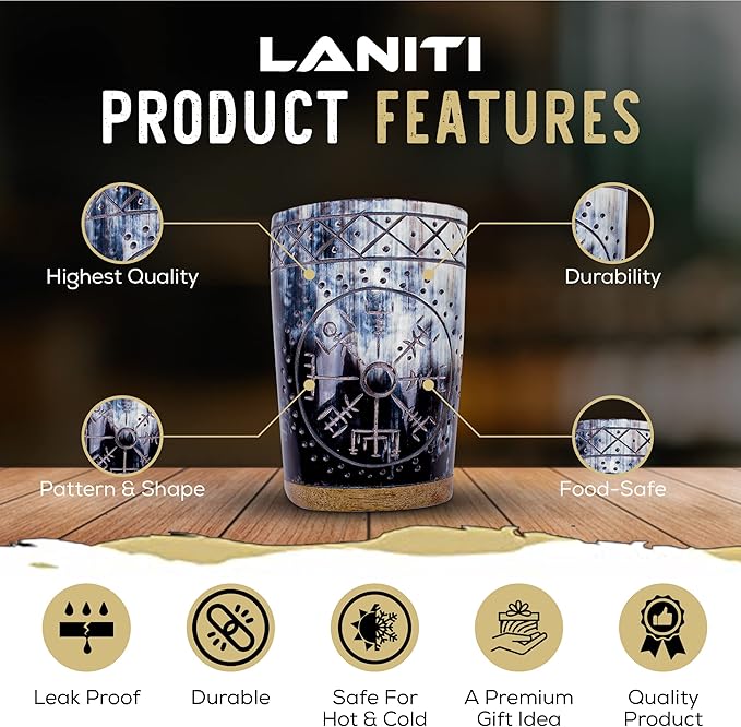 Ox Horn Shot Glass Set of 4 – Handcrafted Viking Cups with Unique Engraved Design – Cool Norse Horn Shot Glasses for Ancient Age Whiskey, Mead & Spirits – Rustic Gift for Men, Barware Collection