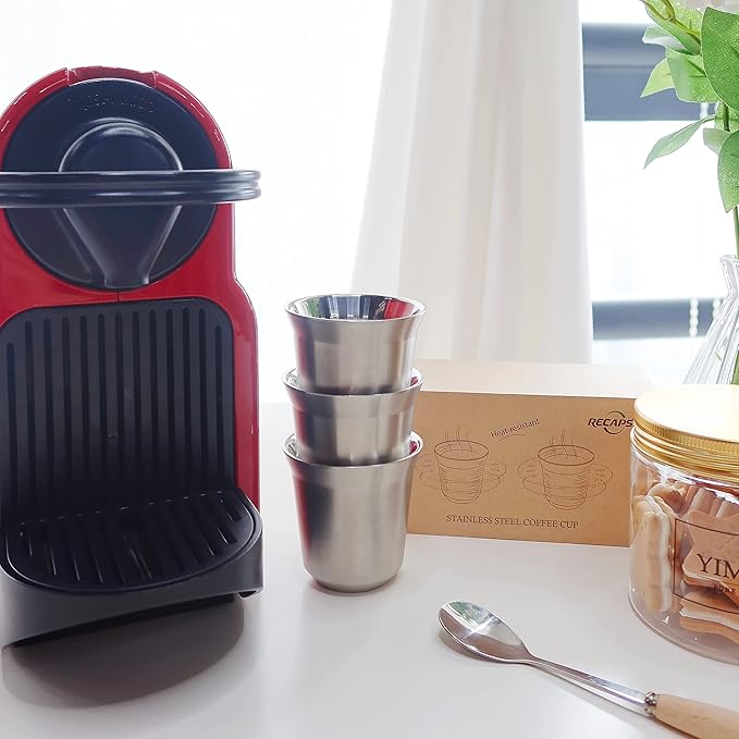 RECAPS 80ml Stainless Steel Espresso Cups Set - 2 Pack Double Wall 304 Stainless Steel Demitasse Cups 2.7oz (Small Cup)