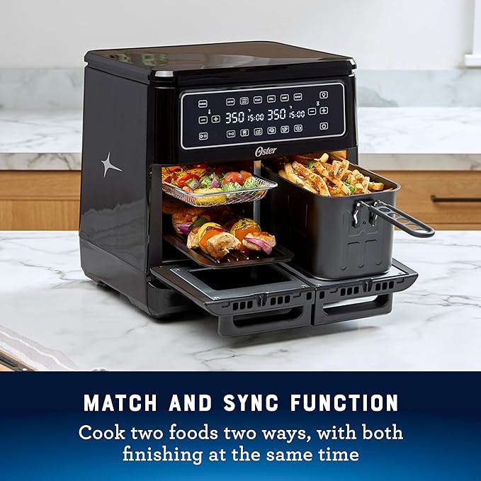 Oster 11-Quart Dual Air Fryer Oven with 2 Cooking Zones, Large Capacity Air Fryer with 6 Cooking Functions & 2 Baskets