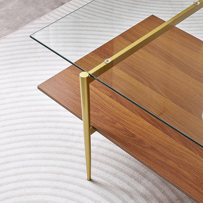X-Large Rectangle Glass Coffee Table, Mid-Century Modern Design, for Living Room, L47 x W24 x H17 Inch, Clear Glass Top and Walnut MDF Shelf, Sleek Conical Legs with Gold Finish Frame