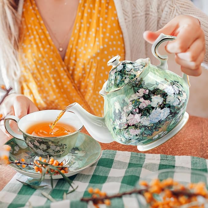 Teapot 30 oz Van Gogh Paintings Bone China Loose Tea Pot Floral Design Vintage Ceramic Coffee Water Pot European Style Porcelain (White Rose)