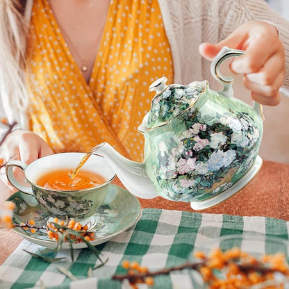 Teapot 30 oz Van Gogh Paintings Bone China Loose Tea Pot Floral Design Vintage Ceramic Coffee Water Pot European Style Porcelain (White Rose)