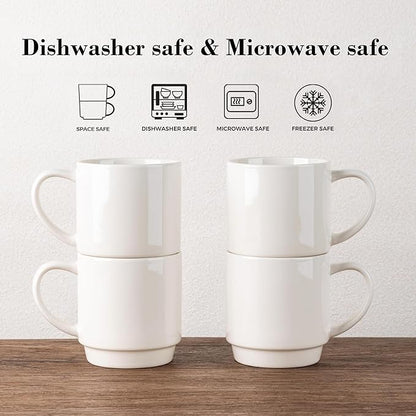 GBHOME 11OZ Stackable Coffee Mugs, Ceramic Coffee Mugs Set of 6 for Man,Woman,Dad,Mom, Porcelain Coffee Mugs for Latte/Cappuccino/Cocoa. Dishwasher&Microwave Safe, Off White