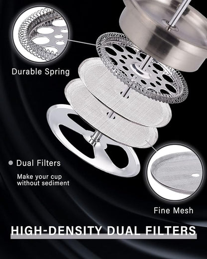 POLIVIAR French Press Coffee Maker, 12 oz Portable French Press with Mini Canister and Collection Bag, Double Wall Insulation & Dual- Filter Screen, Food Grade Stainless Steel for Coffee