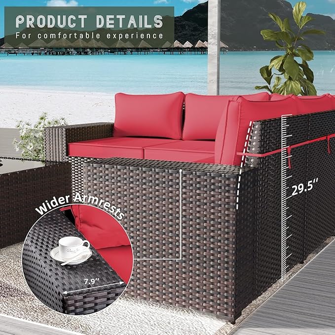 10 Pieces Outdoor Patio Furniture Set Outdoor Furniture Patio Sectional Sofa Conversation Sets w/ETL Approved 45" Gas Outdoor Fire Table & Coffee Table, Swivel Rocking Chair (Red)