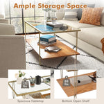 Load image into Gallery viewer, Tangkula Glass Coffee Table, 40In Mid Century 2 Tier Rectangle Coffee Table, Tempered Glass Top &amp; Wood Storage Shelf, Steel Frame, Adjustable Feet, Modern Cocktail Accent Table for Living Room (Gold)