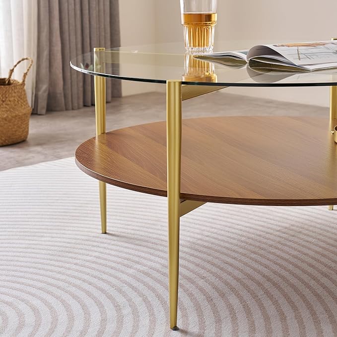 Extra Large Round Coffee Table, Mid-Century Modern Design, D34 x H17 in, for Living Room, 2-Tier Structure, Clear Glass Top and Walnut MDF Shelf, Sleek Conical Metal Legs with Gold Finish