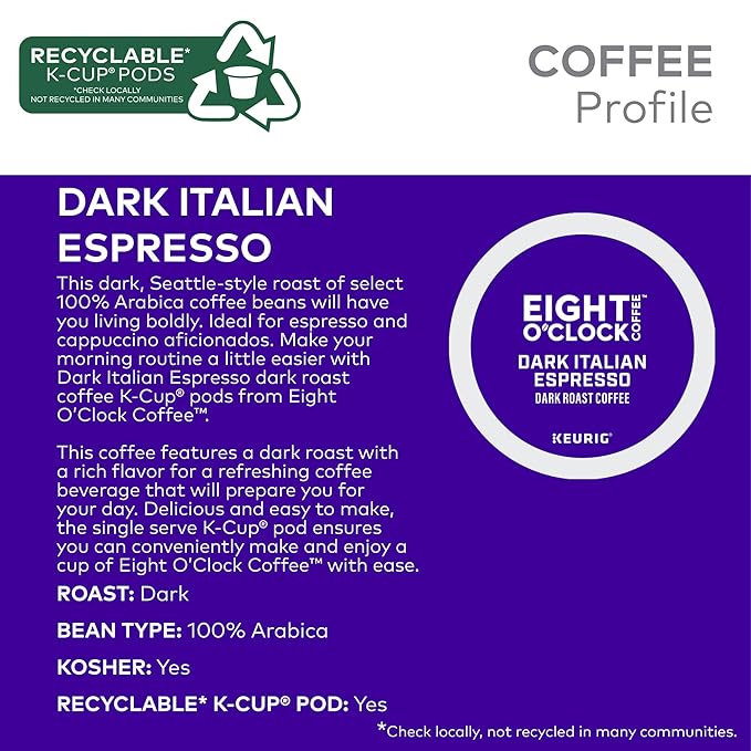 Eight O'Clock Coffee Dark Italian Espresso Roast Keurig Single-Serve K-Cup Pods, Dark Roast Coffee, 96 Count