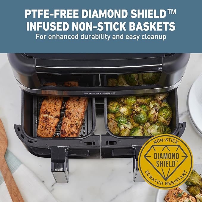 West Bend Double Up Air Fryer Dual Basket 10-Quart Capacity with Digital Controls View Windows and 15 Cooking Presets, Nonstick Frying Baskets, Dual-Zone Cooking, 1600-Watts, Black