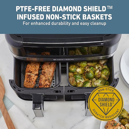 West Bend Double Up Air Fryer Dual Basket 10-Quart Capacity with Digital Controls View Windows and 15 Cooking Presets, Nonstick Frying Baskets, Dual-Zone Cooking, 1600-Watts, Black