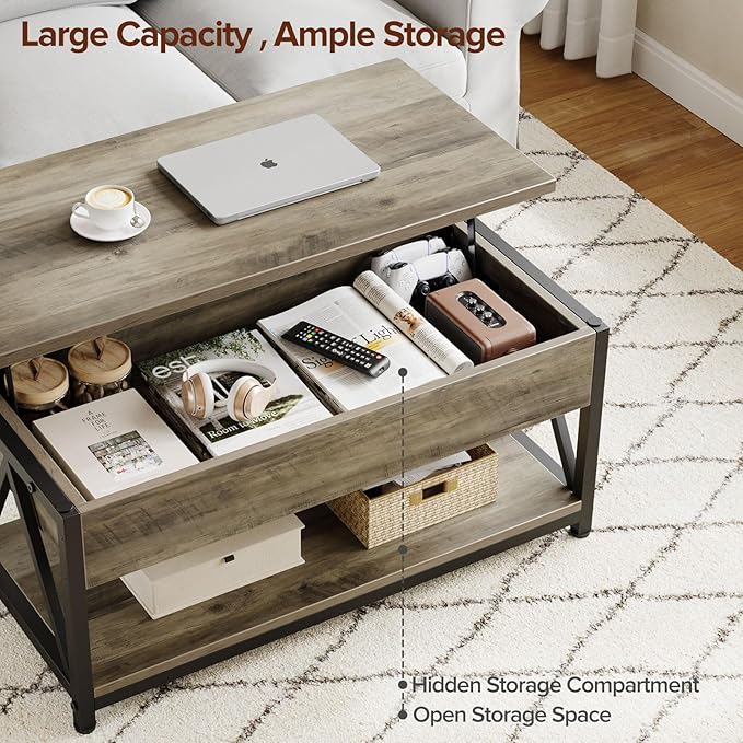 Lift Top Coffee Table,Lift Coffee Table with Storage Shelf and Large Hidden Compartment for Living Room,Lifting top Coffee Tables for Small Space,Grey