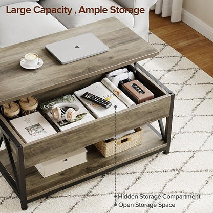Lift Top Coffee Table,Lift Coffee Table with Storage Shelf and Large Hidden Compartment for Living Room,Lifting top Coffee Tables for Small Space,Grey