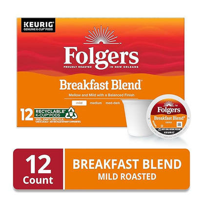 Folgers Breakfast Blend Mild Roast Coffee, 12 Keurig K-Cup Pods
