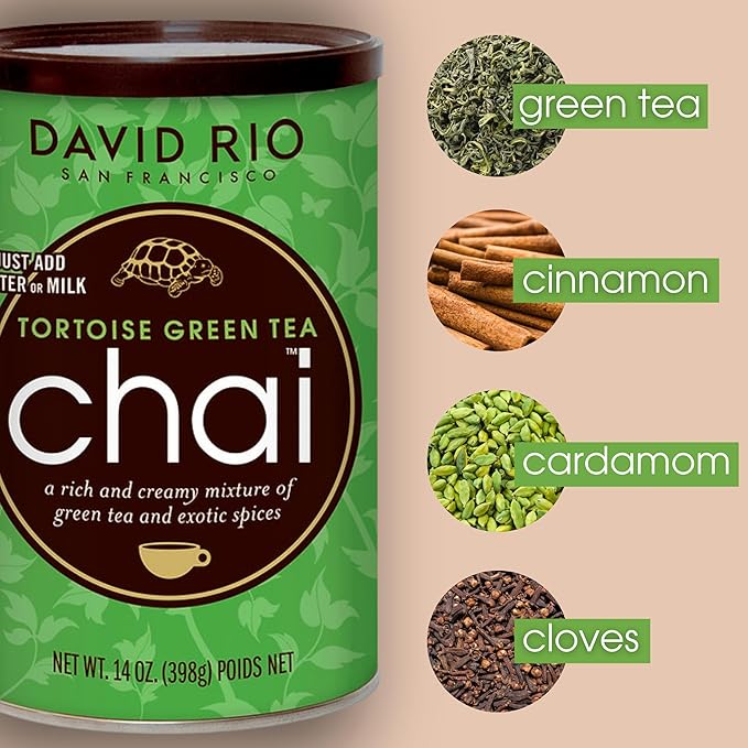 Tortoise Green Tea Chai Tea Latte Mix, 14 Oz, Green Tea, Organic Spices, Dairy Free, Serve Hot or Cold, Just Add Water or Milk, 14 Servings