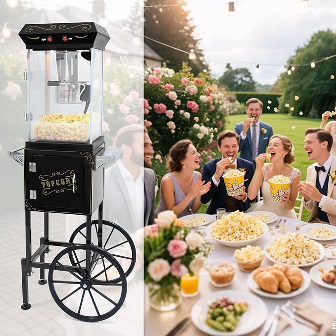 8OZ Popcorn Machine with Cart & Wheels 丨 Stainless Steel Kettle Popcorn Maker Machine for Home, Theater, Parties丨 Grade Electric Popper, Black