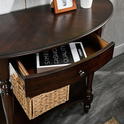 Solid Wood Console Table with Drawer and Storage Shelf, 45.3" Traditional Retro Semi-Circle Entryway Table Polished Edging Half-Moon Narrow Tables for Living Room Hallway Home, Vintage Walnut
