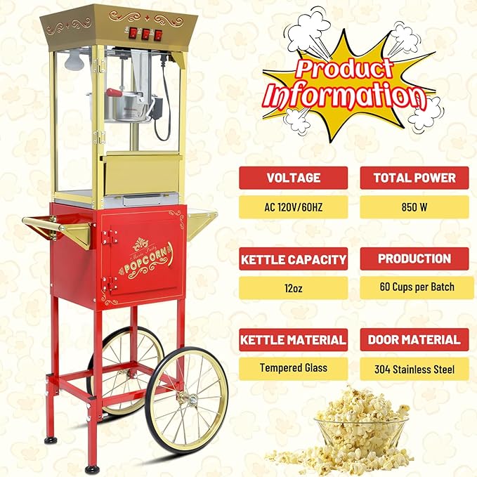 Vintage Popcorn Machine with Cart, 12oz Popper Stainless-Steel Kettle & Warming Light, Makes Up to 60 Cups, Ideal for Family Gatherings, Movie Theaters & Amusement Parks, Red&Gold