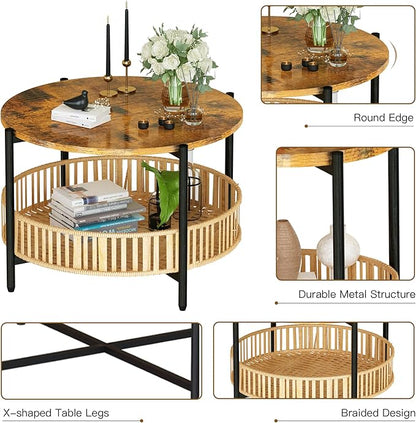 Lamerge 3 Pieces Coffee Table Set for Living Room, Boho Living Room Table Set with Rattan Storage Shelf and Metal Frame, Round Coffee Table & 2 End Side Tables for Apartment Home Office