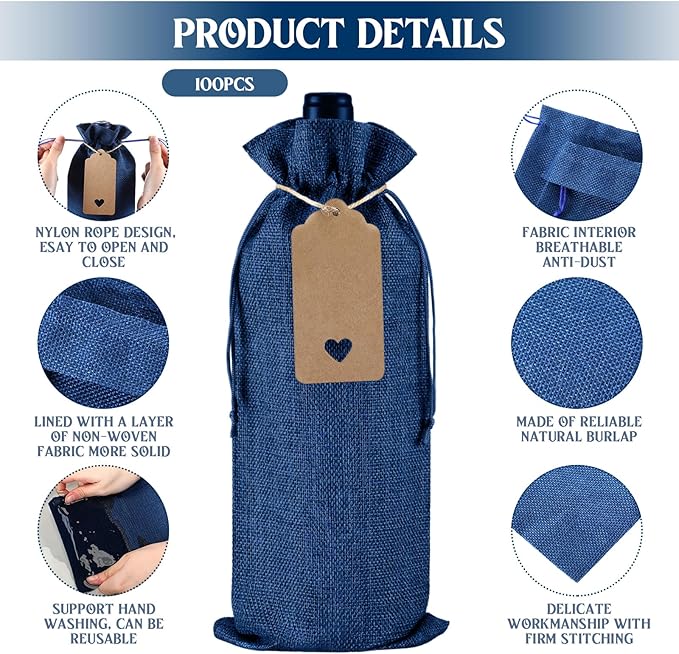 Windyun 100 Pcs Burlap Wine Bags Bottle Gift Sacks with Tags 5.9 x 13.8 Inch Jute Burlap Plain Wine Bags for Wedding Birthday Blind Tastings Christmas Travel Party (Royal Blue)