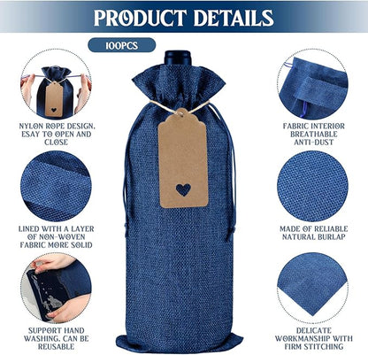 Windyun 100 Pcs Burlap Wine Bags Bottle Gift Sacks with Tags 5.9 x 13.8 Inch Jute Burlap Plain Wine Bags for Wedding Birthday Blind Tastings Christmas Travel Party (Royal Blue)