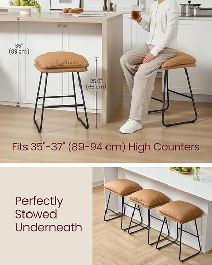 VASAGLE Bar Stools Set of 2, Counter Height Bar Stools, Leather Counter Stools Barstools with Soft Cushion and Metal Sled Legs, 25.6 Inches Bar Height Bar Chairs for Kitchen Island, Caramel Brown