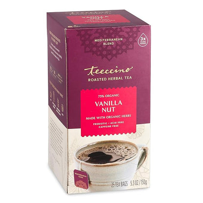 Teeccino Vanilla Nut Herbal Tea, 25 Tea Bags - Rich & Roasted Herbal Tea That’s Caffeine Free & Prebiotic for Natural Energy, 3X more Herbs, Acid Free, Great Hot or Iced