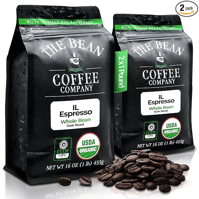 The Bean Organic Coffee Company Il Espresso, Classic Dark Roast, Whole Bean Coffee, 16-Ounce Bags (Pack of 2)