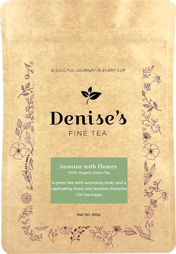 Denise's Fine Tea, USDA Organic, Jasmine with Flower, Green Tea, 50 tea bags (100g)