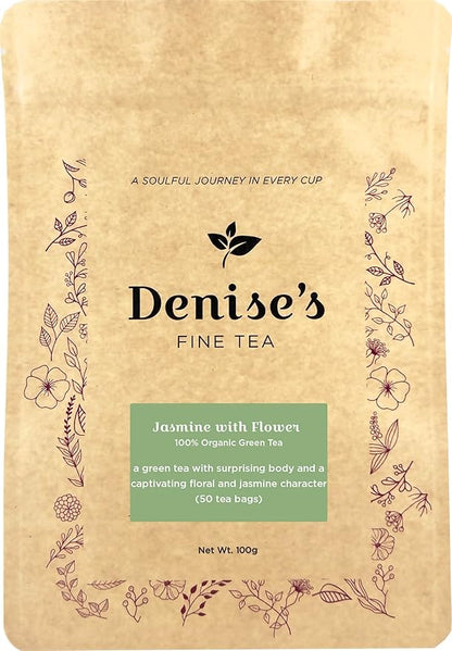 Denise's Fine Tea, USDA Organic, Jasmine with Flower, Green Tea, 50 tea bags (100g)