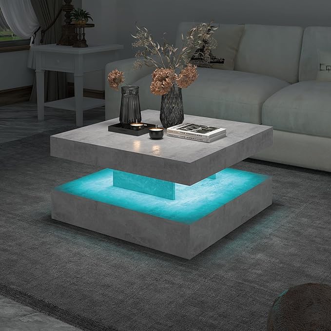 Grey LED Coffee Table for Living Room, Living Room Table 2-Tier Square Middle Center Table, Modern Coffee Tables with Storage, Contemporary Wood Tea Tables for Dining Reception