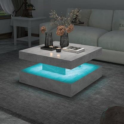 Grey LED Coffee Table for Living Room, Living Room Table 2-Tier Square Middle Center Table, Modern Coffee Tables with Storage, Contemporary Wood Tea Tables for Dining Reception