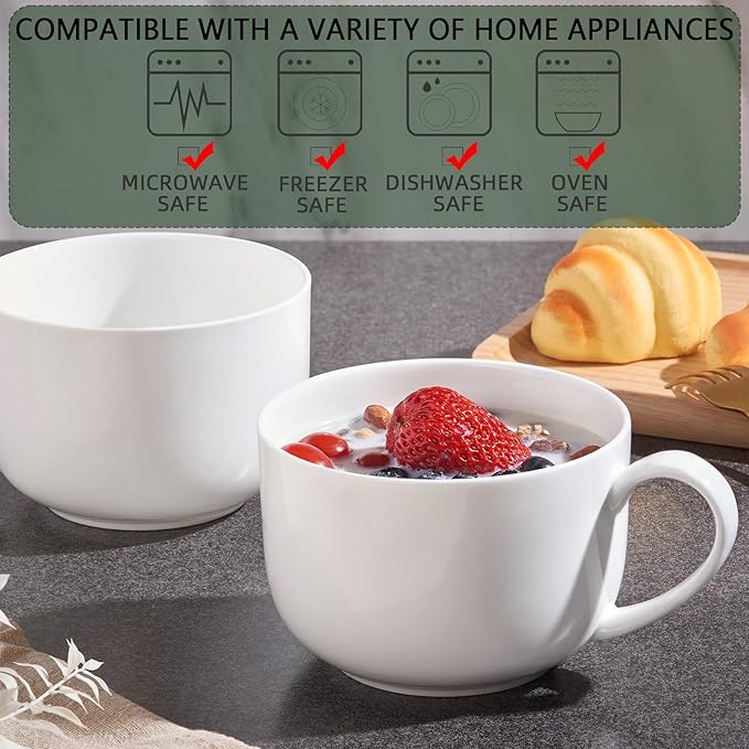 Chulan 25oz Large Bone China Soup Mugs Set of 6, White Lightweight Ceramic Coffee Mugs with Handles for Ramen, Oatmeal, Yogurt, Latte, Tea, Dishwasher Safe