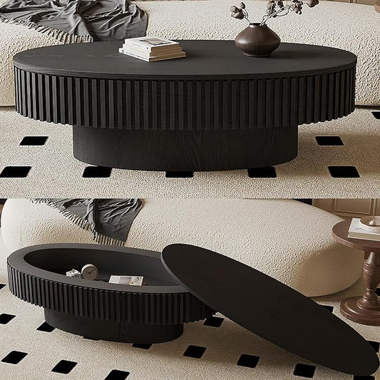 47 Inch Oval Drum Coffee Table with Storage, Handcraft Fluted Drum Coffee Table, Modern Wooden Oval Cocktail Tea Table Center Table with Sturdy Pedestal for Living Room Apartment (Black)