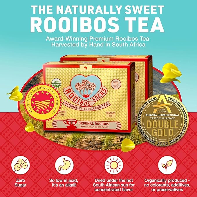 Caffeine Free Tea Organic Rooibos Tea Bags 200 - Naturally Sweet Red Tea Safe for Children & Pregnant Women - Low Tannin, Premium Red Rooibos Tea Organic Sustainably & Ethically Farmed in South Africa