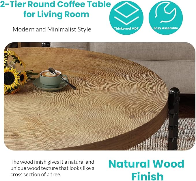 Round Coffee Table for Living Room, Small 2-Tier Circle Coffee Tables with Storage Shelf, Rustic Wood Desktop Modern Design Accent Center Table Home Furniture for Apartment, Brown and Black